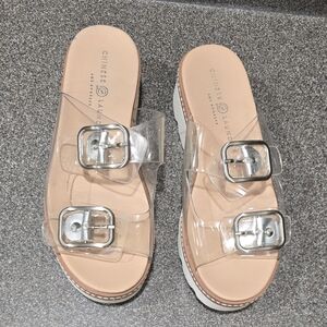 Chinese Laundry Clear Double-Buckle Slide Sandals with Nude Footbed